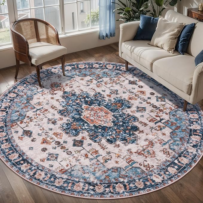 Tangsoo Vintage Round Rug 6ft, Washable Circle Rug, Non Slip Boho Round Area Rug by Tangsoo