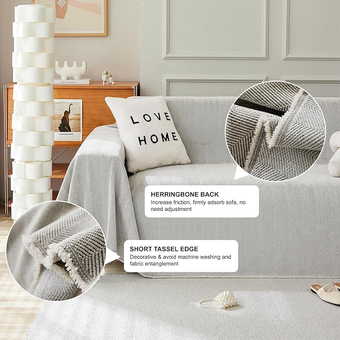 STACYPIK Silver Gray Chenille Sofa Covers, Herringbone Jacquard Sectional Couch - Image 2