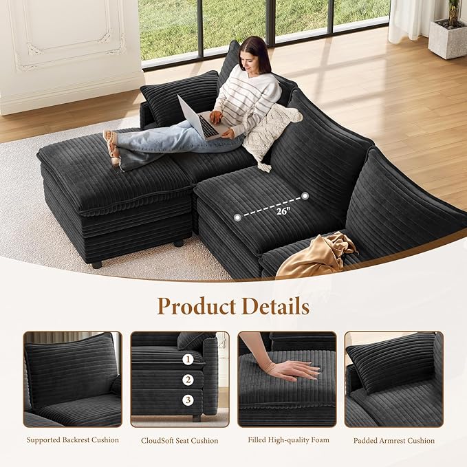 Vesgantti 142" U Shaped Sectional Couch, Comfy Cloud Modular Sectional Sofa - Image 4