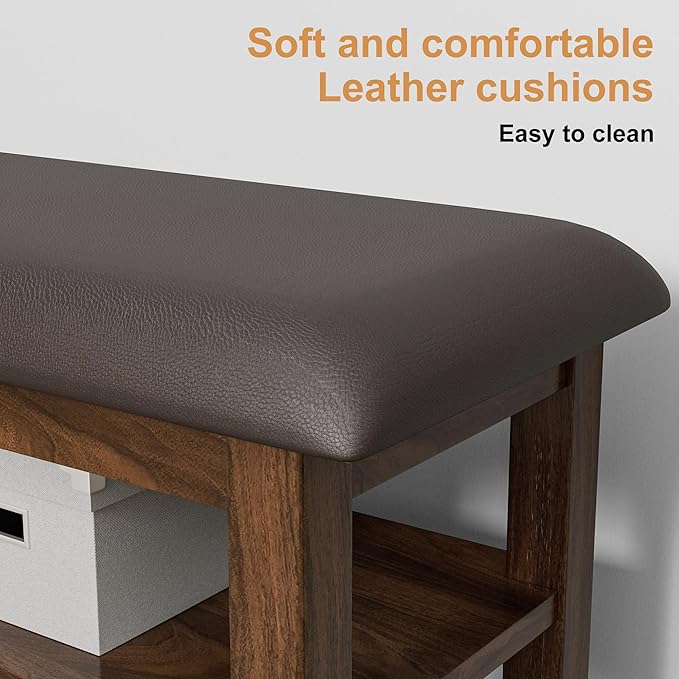 Wooden Shoe Bench Storage with Leather Cushion, Rustic Solid Wood Entryway - Image 8