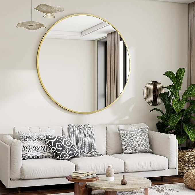 Gold Round Bathroom Mirror, 48 inch Large Circle Wall Mounted Hanging Mirror - Image 2