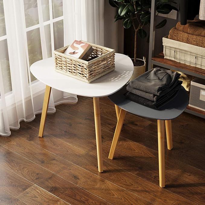 BAMEOS Bamboo Nesting Triangle End Table, Balcony in White & Grey - Image 9