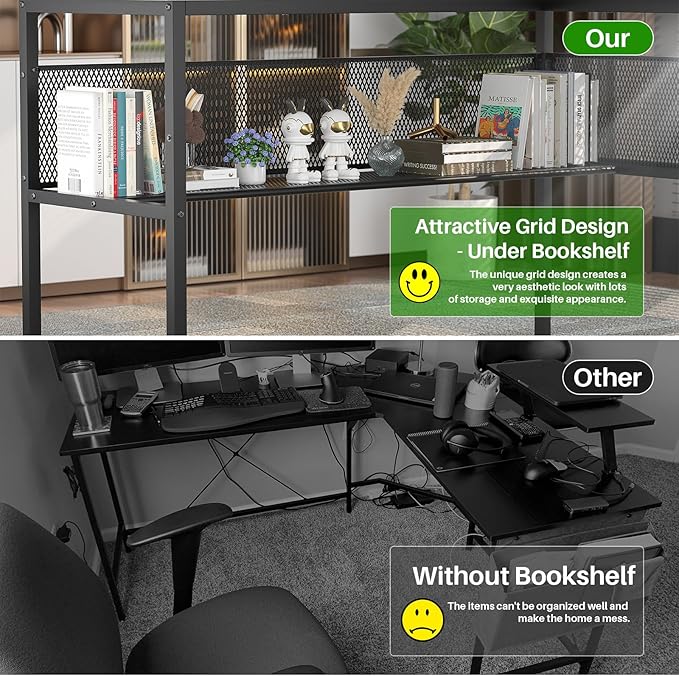 Unikito L Shaped Desk with LED Light and Power Outlet, Reversible Corner - Image 6