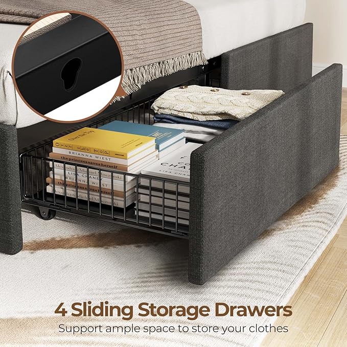 Rolanstar Twin Bed Frame with 4 Storage Drawers and Charging Station, Twin Bed - Image 7