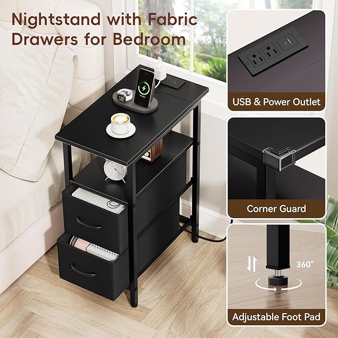 Vagusicc Black Nightstand with Charging Station and LED Lights, Narrow Side - Image 5
