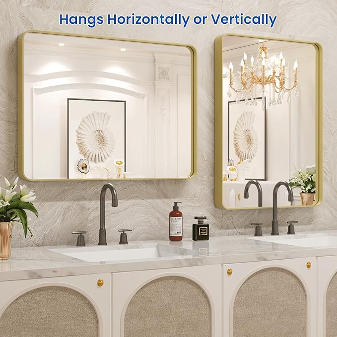 WEER Gold Bathroom Mirror, 20X30 Inch Brushed Gold Metal Frame Mirror, Rounded - Image 5