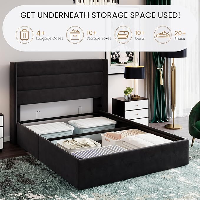 SHA CERLIN Full Size Lift Up Storage Bed/Velvet Upholstered/Modern Wingback - Image 3