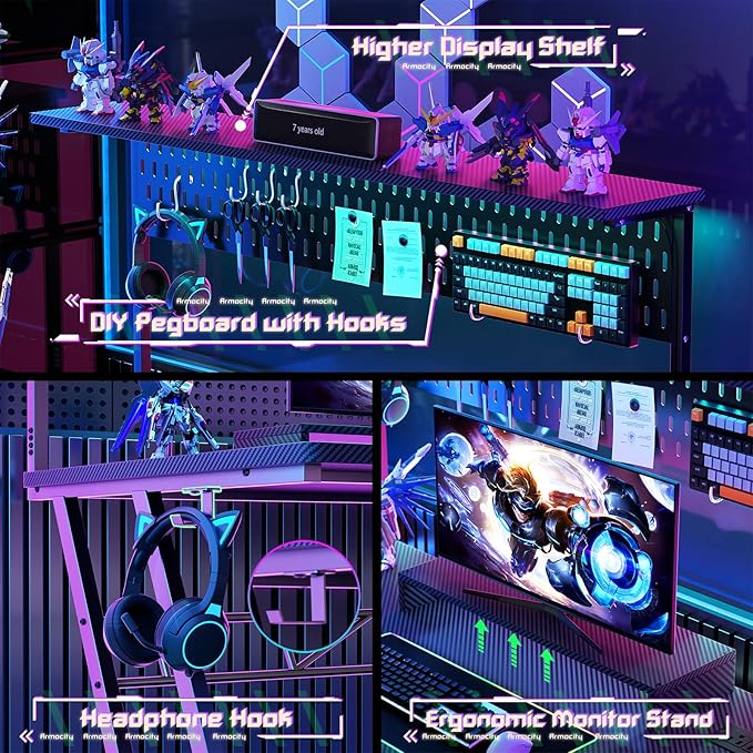 Gaming Computer Desk with Shelves and Outlets, Gaming Desk with Hutch and LED - Image 5