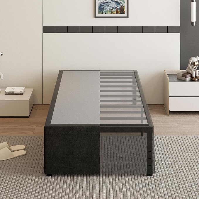 18 Inch Twin Bed Frames with Black Bed Cover, Metal Twin Size Bed Frame No Box by Cieemine