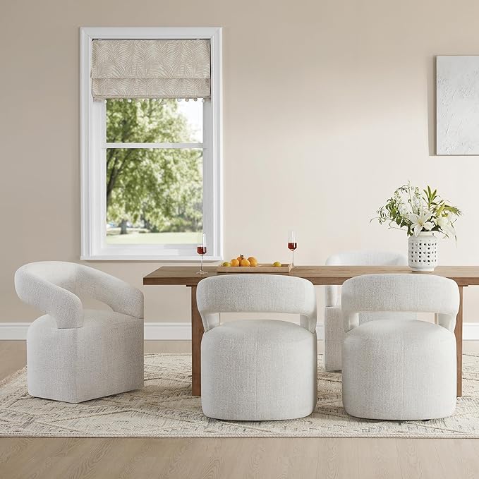 Upholstered Dining Chairs with Casters Modern Barrel Side Armchair with Rollers - Image 7