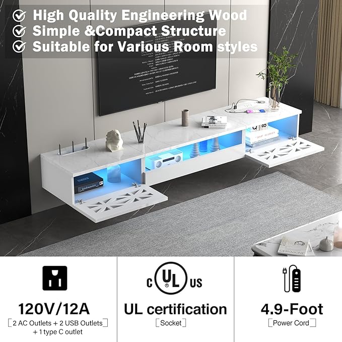 Floating TV Stand, Floating Wall Mounted TV Shelf Modern High Gloss tv Cabinet - Image 7