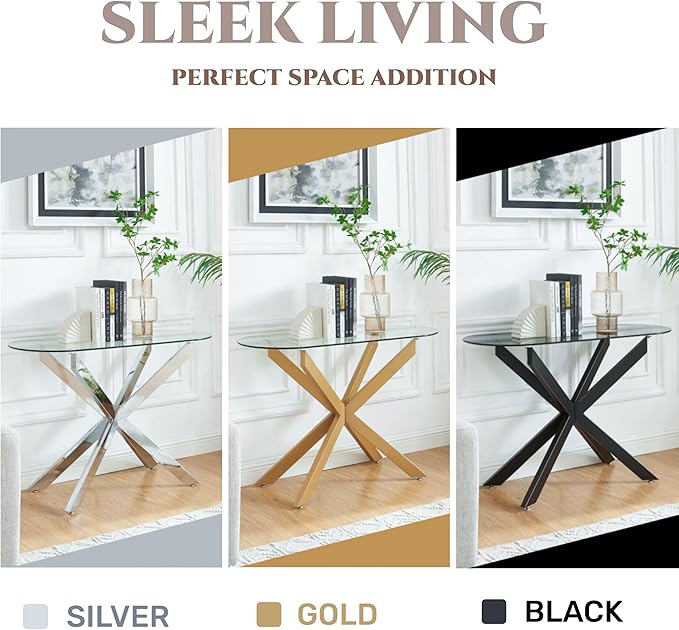 Gold Glass Oval Console Table, Modern Style Entryway Hallway Narrow Sofa Table - Image 7