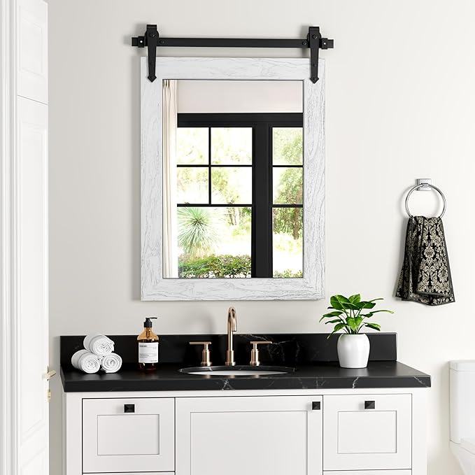 Farmhouse Bathroom Mirror for Over Sink 22”*32”, Barn Door Mirror, Rustic Wall by Menscha