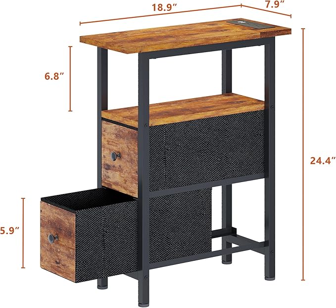 End Table Set 2 with Charging Station, Narrow Side Table with 2 Fabric Drawers - Image 3