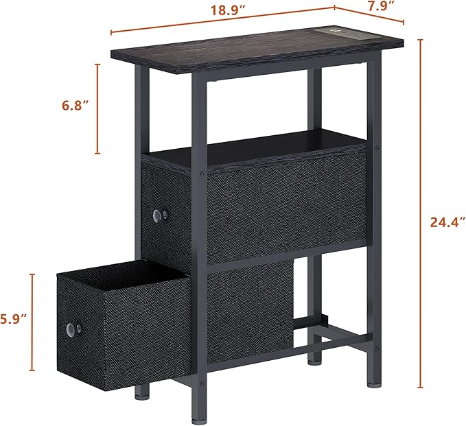 End Table Set 2 with Charging Station, Narrow Side Table with 2 Fabric Drawers - Image 3