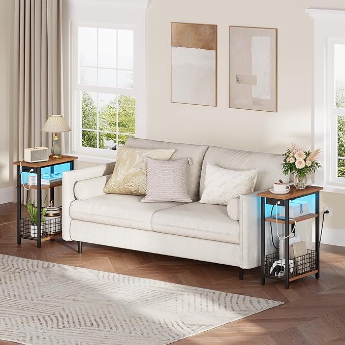 HOOBRO Narrow Side Table with Charging Station and LED Light, Small End Table - Image 2