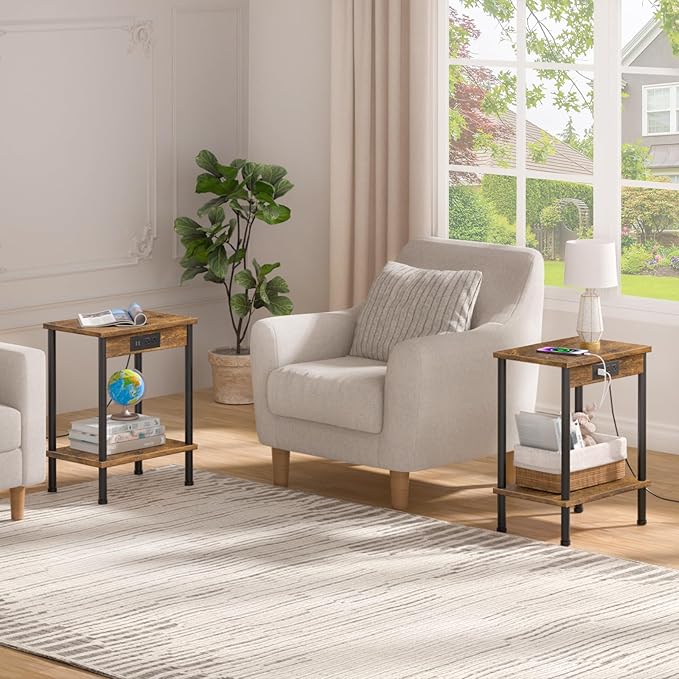 End Table with Charging Station, Small Side Table, 2-Tier Nightstand with - Image 4