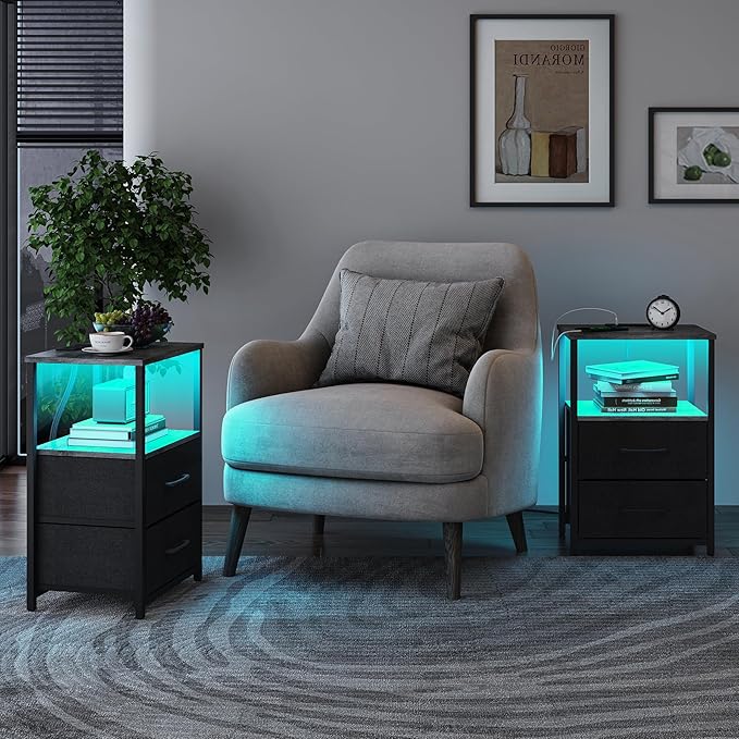 TUTOTAK LED End Table with Charging Station, Nightstand with Cloth Drawer - Image 2