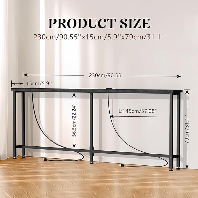GRLEAF 90" Sofa Table with Built-in Power Strip – 4.9ft Power Cord, Metal Frame - Image 3