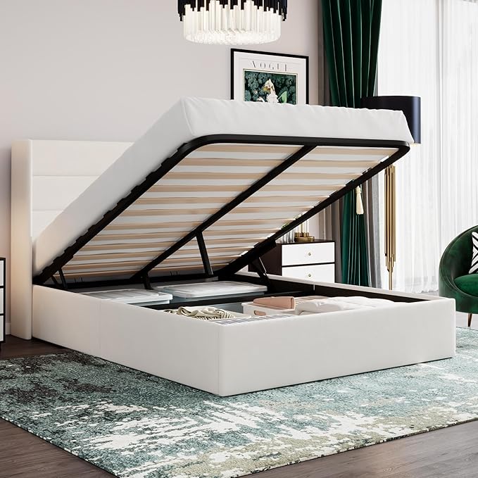 SHA CERLIN Queen Size Lift Up Storage Bed/Velvet Upholstered/Modern Wingback by SHACERLIN