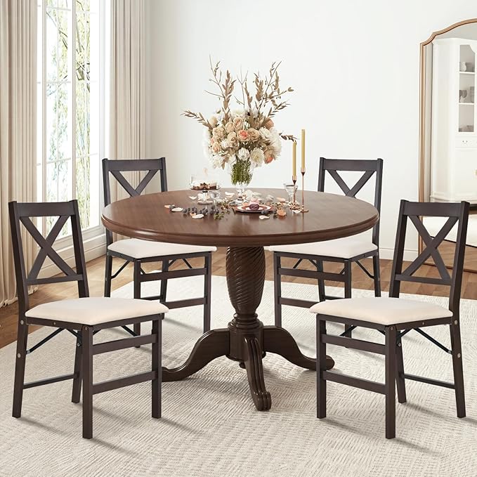 COLAMY Folding Dining Chairs Set of 4 – Beige Upholstered Wooden Dining Room - Image 2