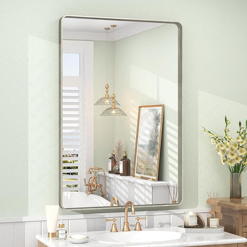 24x36 Inch Brushed Nickel Bathroom Mirror, Brushed Silver Metal Framed Wall by VANLIOBathroomMirror