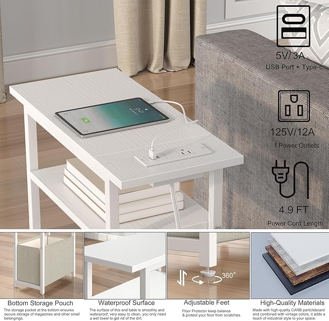 Narrow Side Table with Charging Station, Small End Table - Image 5