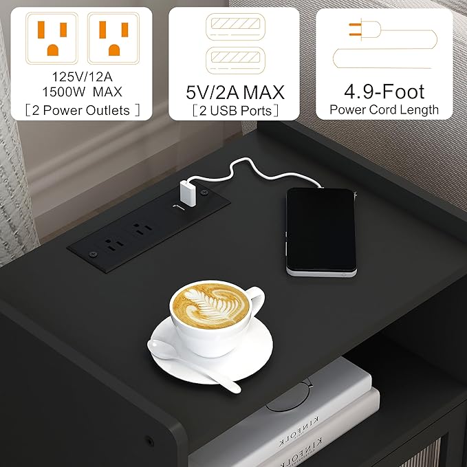 Nightstand with Charging Station, Bedside Tables, End Table Side Table with 2 - Image 6