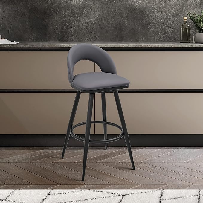 Armen Living Charlotte Swivel Counter Stool in Black Metal and Grey Faux Leather - Image 2