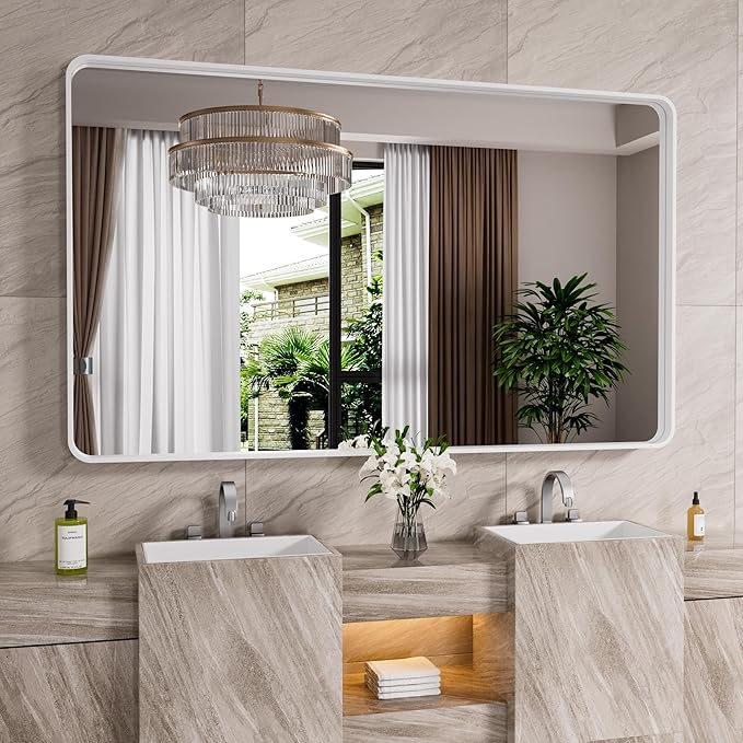 White Bathroom Mirror 60x28 Inch, Rounded Rectangle Matte Bathroom Vanity Mirror by JISOSO