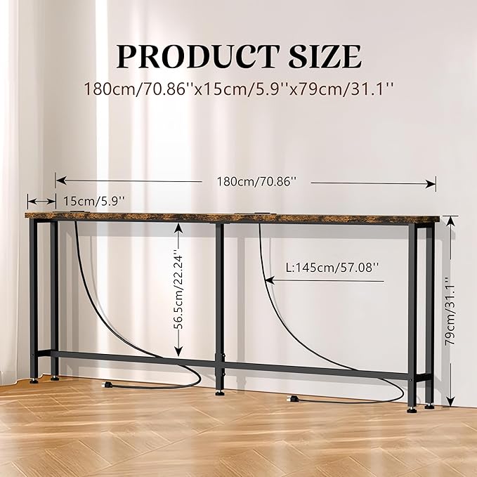 GRLEAF 70" Sofa Table with Built-in Power Strip – 4.9ft Power Cord, Metal Frame - Image 3