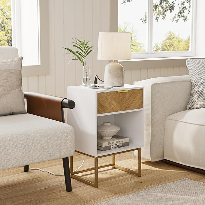 Masupu Nightstand with Charging Station, Modern Night Stand Boho Farmhouse Wood - Image 4