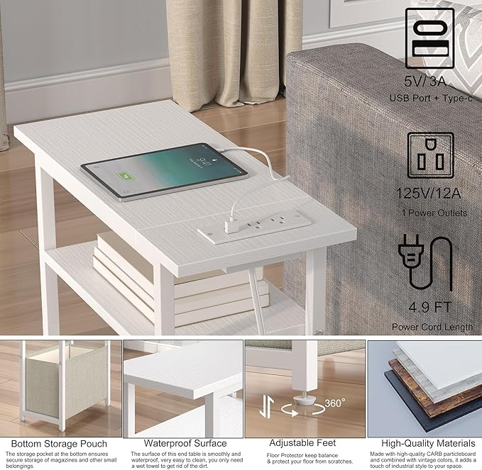 Narrow Side Table with Charging Station, LED End Table Set of 2 - Image 4