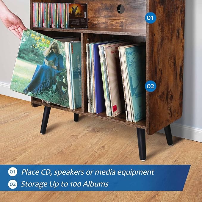 3-Tier Vintage Record Player Stand, Mid-Century Vinyl Record Storage Cabinet - Image 4