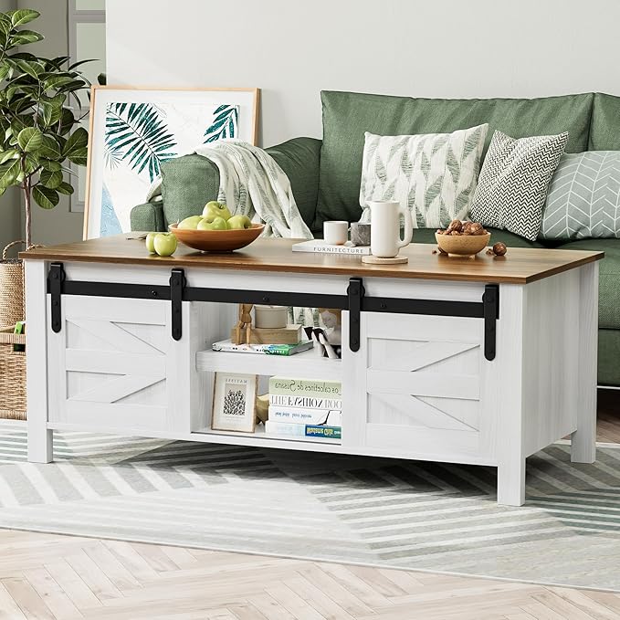 YESHOMY Coffee Table with Sliding Barn Doors & Storage, Wooden Center by SearchallYESHOMY
