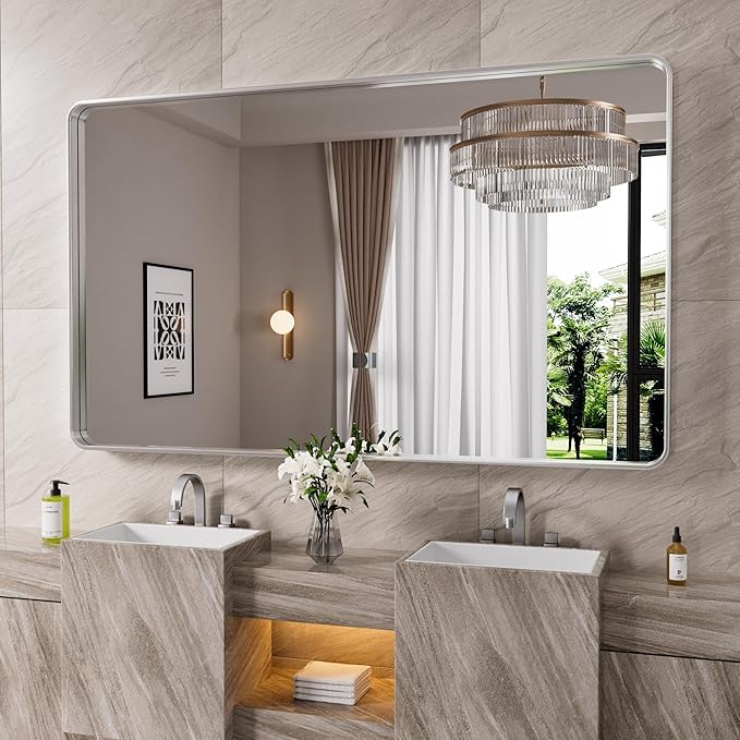 Brushed Nickel Bathroom Mirror 60x28 Inch, Brushed Silver Metal Frame Mirror by JISOSO