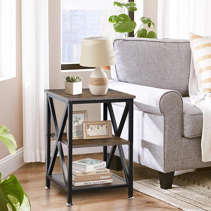 Square End Table with Storage Shelf, 3-Tier End Table Living Room, Rustic Brown - Image 2