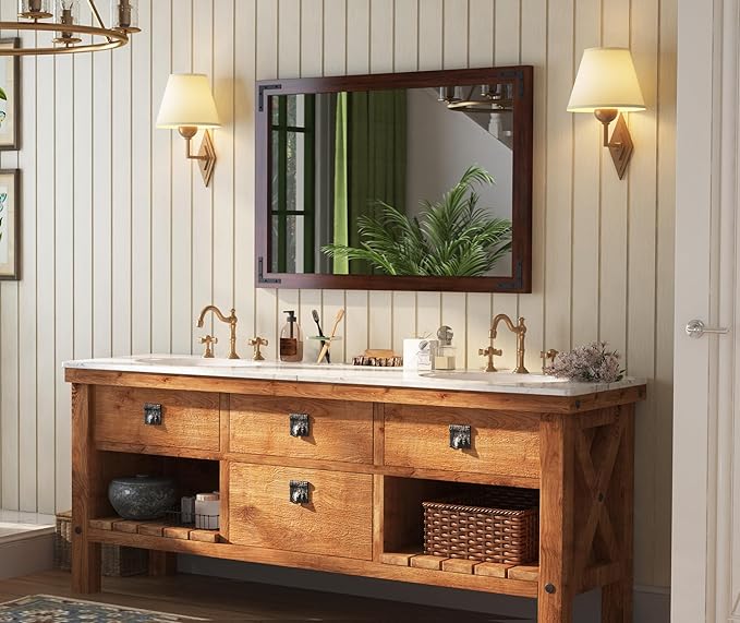 VocalStar Rustic Wood Framed Mirror 28 x 40 Inch, Natural Dark Brown Wooden - Image 2