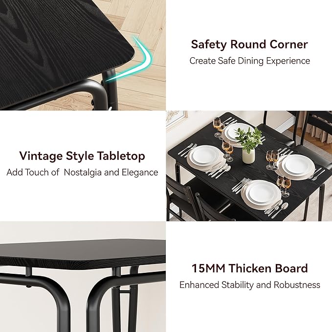 5 Piece Dining Table Set for 4, Compact Square Table Chairs, Sturdy MDF Top - Image 4