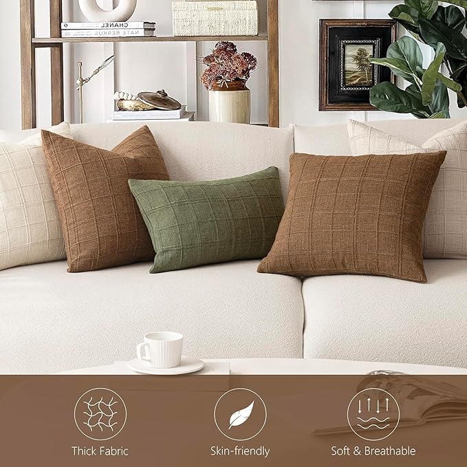 Foindtower Set of 2 Decorative Linen Check Throw Pillow Covers Neutral - Image 6