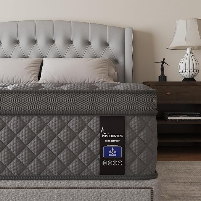 Full Mattress, 14 Inch Hybrid Mattresses Grey Euro Top Medium Firm by VISCOUNTESS