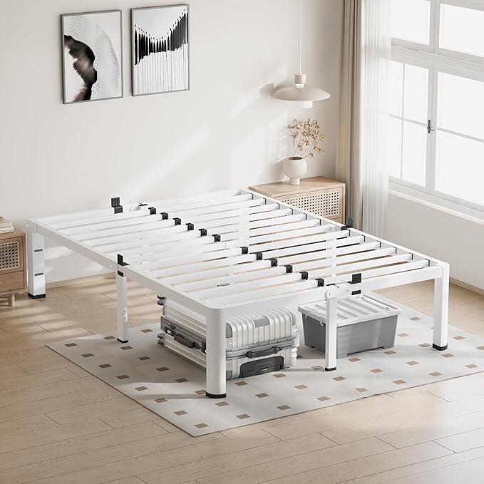 18 Inch Full Size White Bed Frame, 3500Lbs Heavy Duty Metal Platform - Image 2