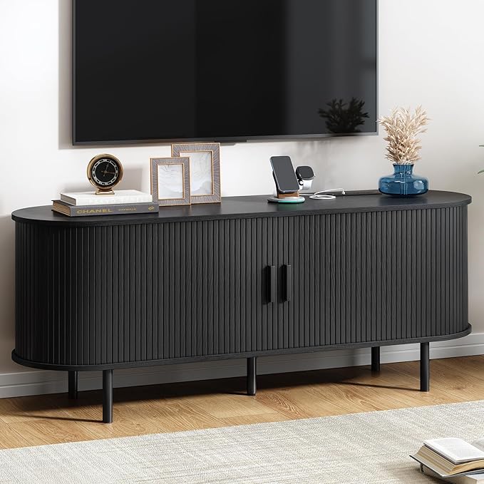 63" TV Stand with Power Outlet, Modern Media Console with Sliding Doors by ComfyCorner