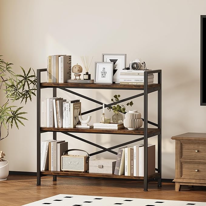 Homeiju 3 Tier Bookshelf 31.49" Width, Wood and Metal Etagere Bookcase - Image 2