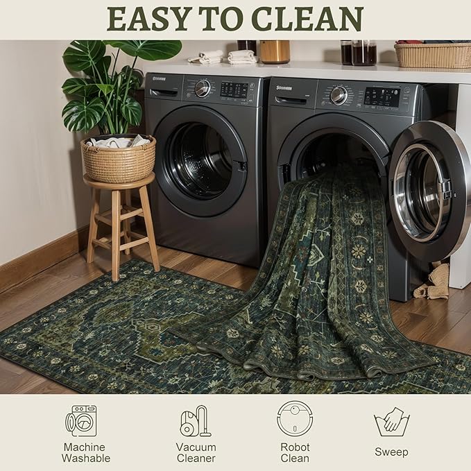 Tangsoo Washable Entryway Rugs Vintage Olive Green Rug 2x3 Non Slip Small Area - Image 3