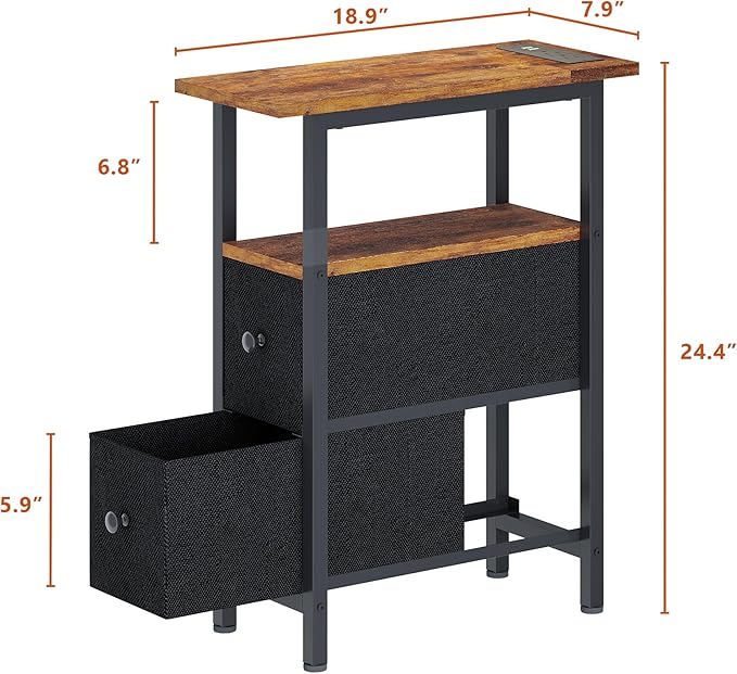 End Table Set 2 with Charging Station, Narrow Side Table with 2 Fabric Drawers - Image 3