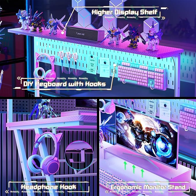 Armocity Pink Gaming Desk with Hutch and LED Lights, Reversible PC Gaming Desk - Image 5
