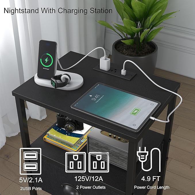 Sthmec Nightstands with Charging Station, LED Bedside Tables with Charging - Image 4