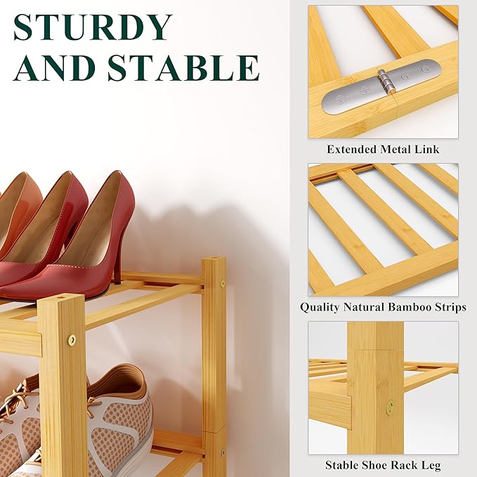Smiry Shoe Rack, 4 Tier Bamboo Shoe Organizer, Stackable Free Standing Wooden - Image 3