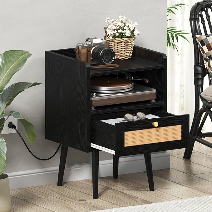 Nightstand Rattan with Charging Station, Mid Century Modern Bed Side Table - Image 8